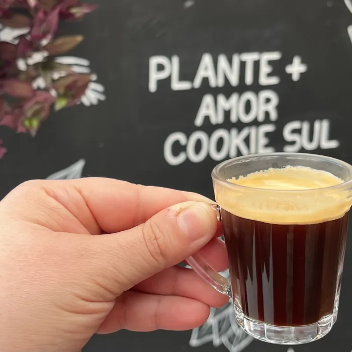 Café espresso na frente do quadro Plante + Amor Cookie Sul